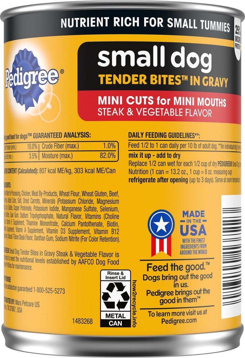 Pedigree Tender Bites in Gravy， Steak and Vegetable Flavor Canned Wet Dog Food， 13.2-oz can， case of 12