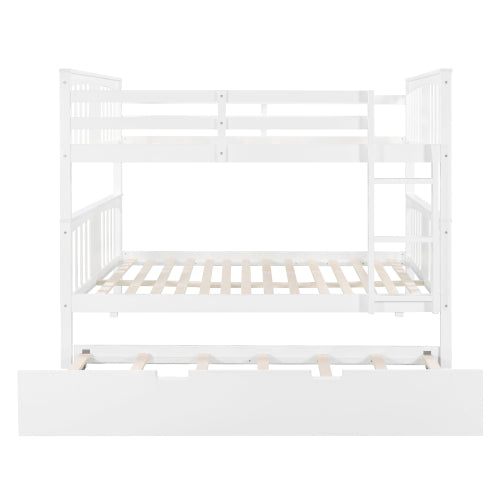 Full Over Full Bunk Bed with Twin Trundle Wood Bunk Bed Frame with Guard Rails and Ladder for Kids Boys Girls Teens Adults, Can be Convertible to 2 Beds,White