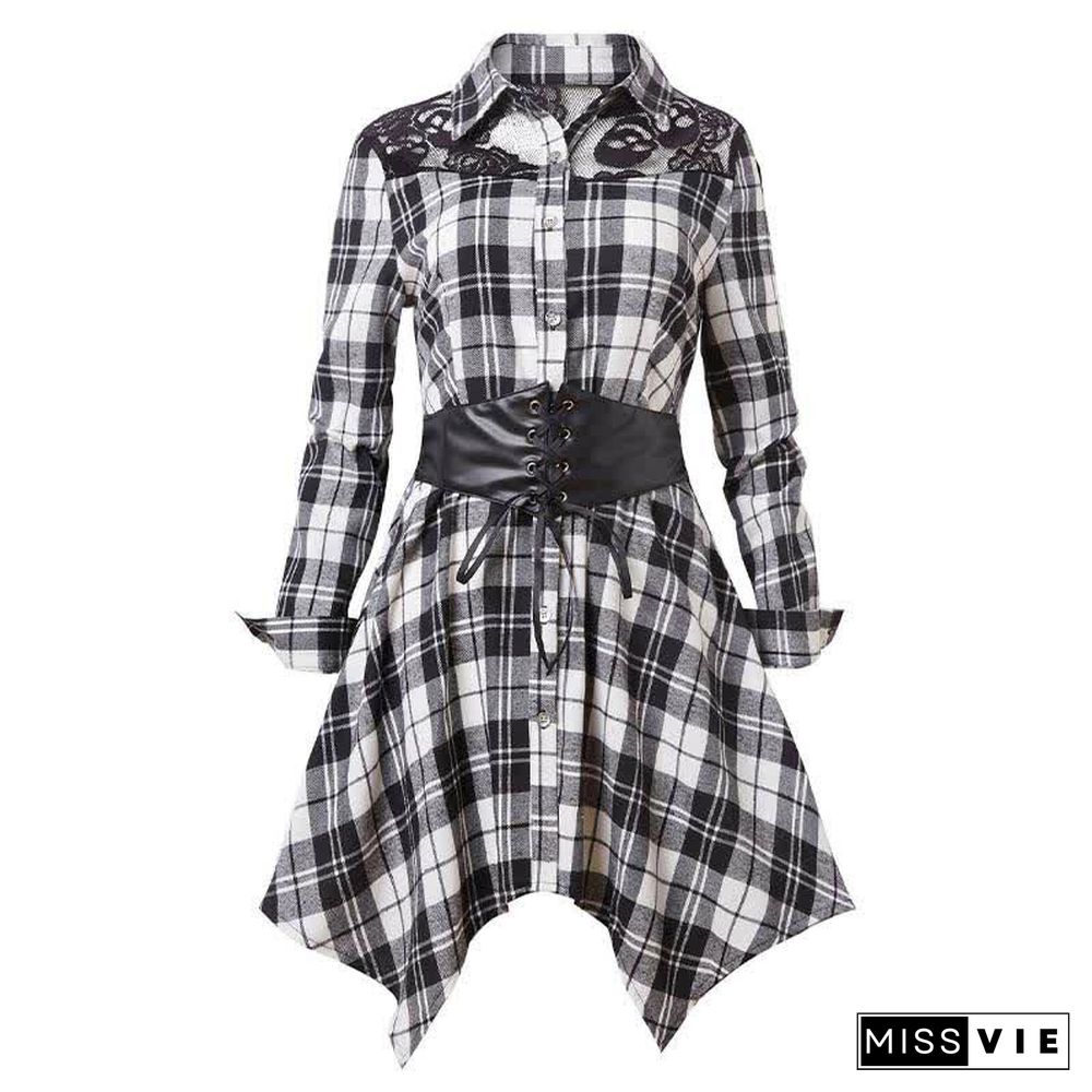 Irregular Plaid Print Lace Up Long Sleeve Shirt Dress