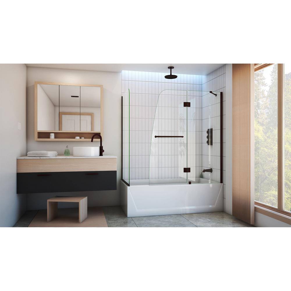 DreamLine Aqua 56 in. - 60 in. W x 30 in. D x 58 in. H Frameless Hinged Tub Door with 30 in. Return Panel in Oil Rubbed Bronze SHDR3148586RT06