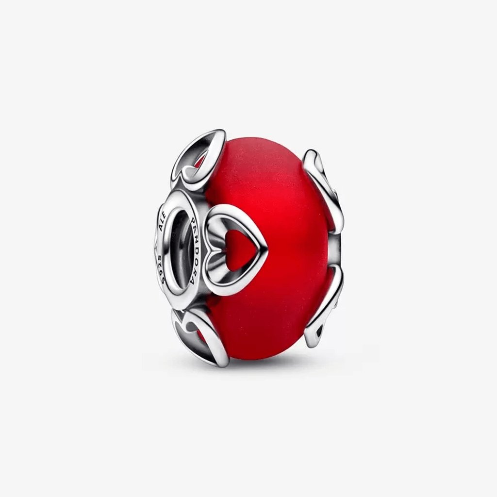 PANDORA  Frosted Red Murano Glass & Hearts Charm