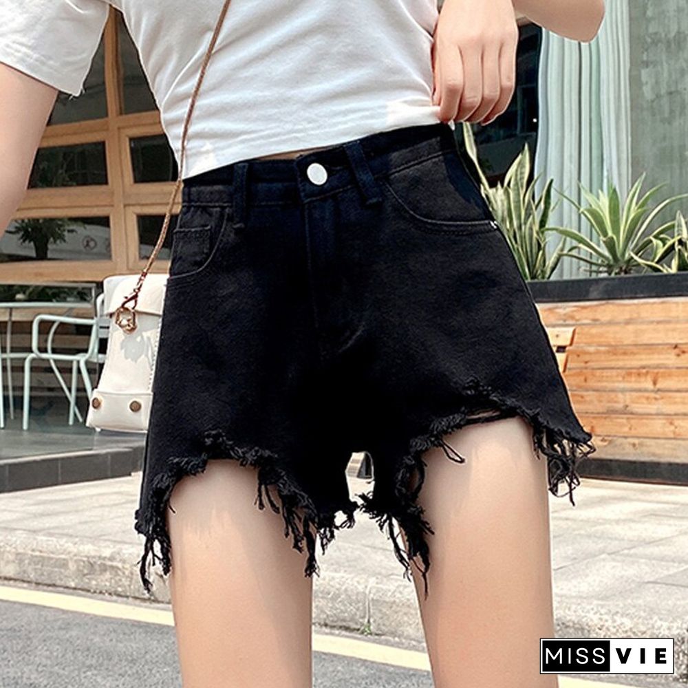 Spring Summer Korean Fashion Hole Denim Shorts Women Loose Casual Jean Shorts High Waist A Line Tassel Blue Hot Shorts New