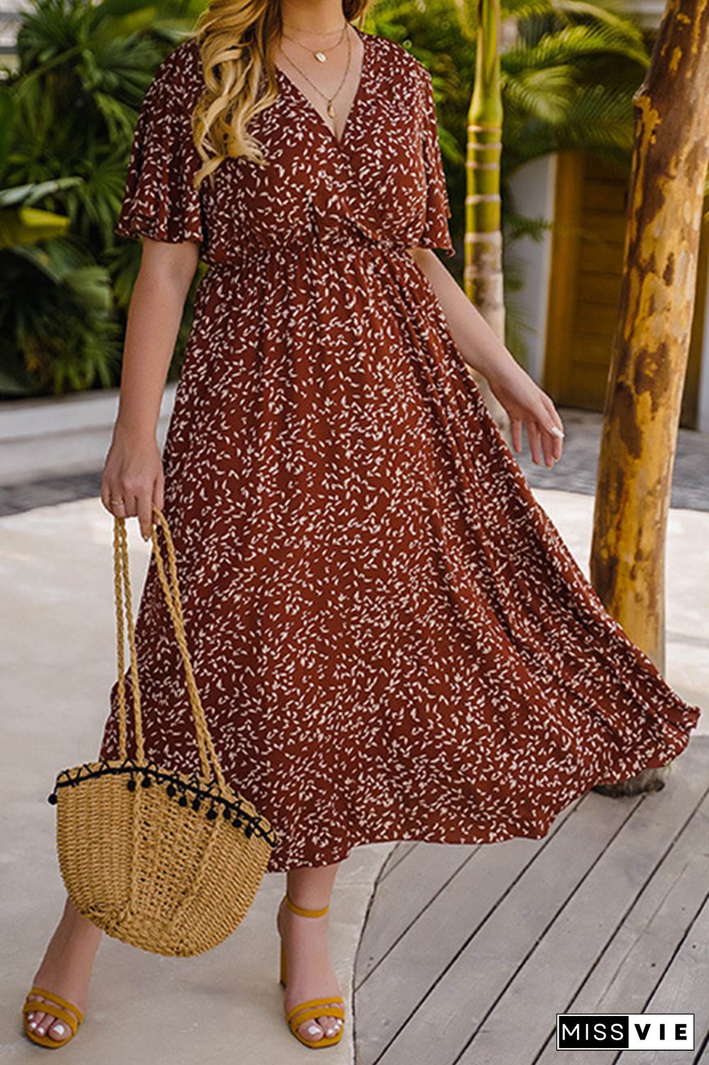 Wrap V Neck Floral Plus Size Maxi Dress