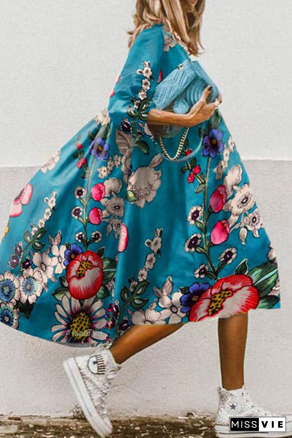 Casual Print Patchwork Turndown Collar Cake Skirt Dresses