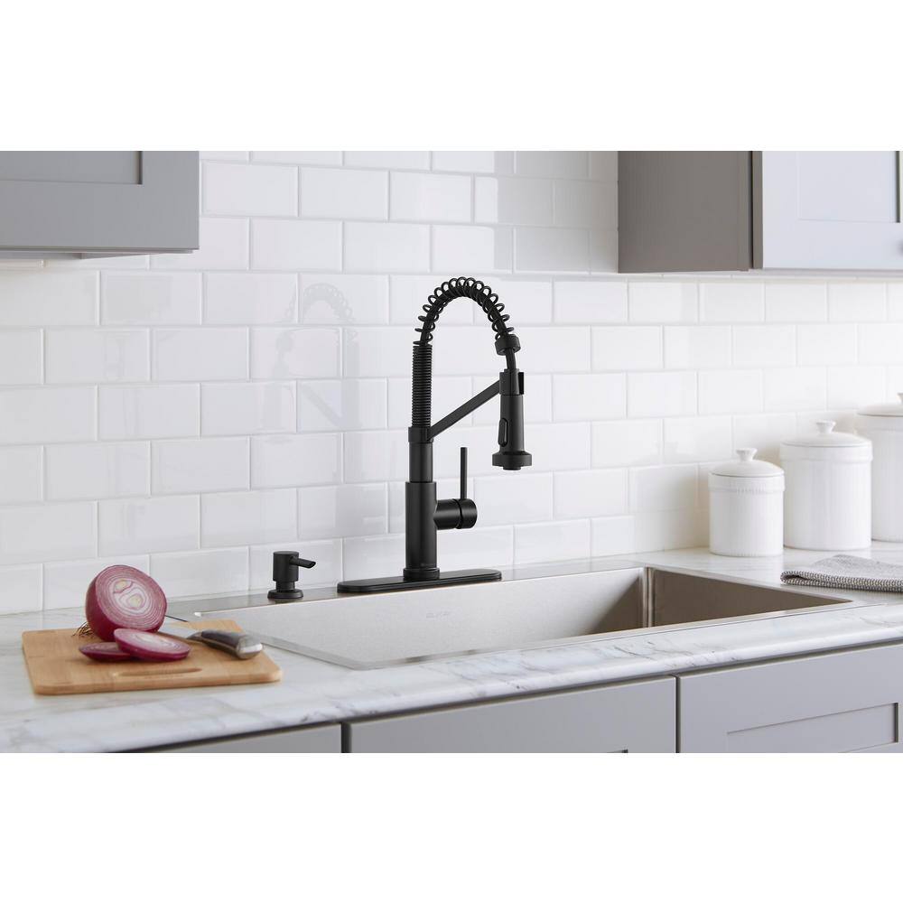 Glacier Bay Gage Single-Handle Spring Neck Pull-Down Sprayer Kitchen Faucet with Soap Dispenser in Matte Black HD67458-1410H