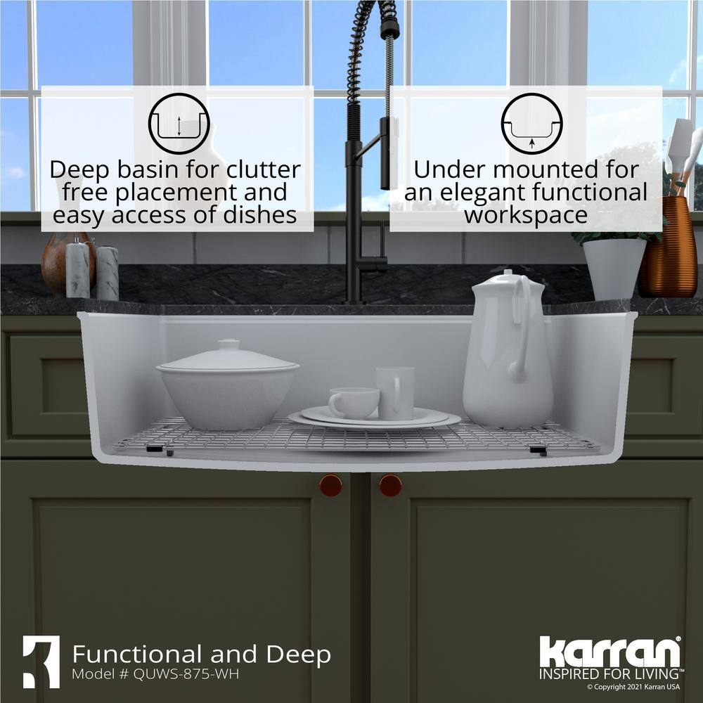 Karran QUWS- 875 Quartz 32.5 in. Single Bowl Undermount Workstation Kitchen Sink in White QUWS-875-WH