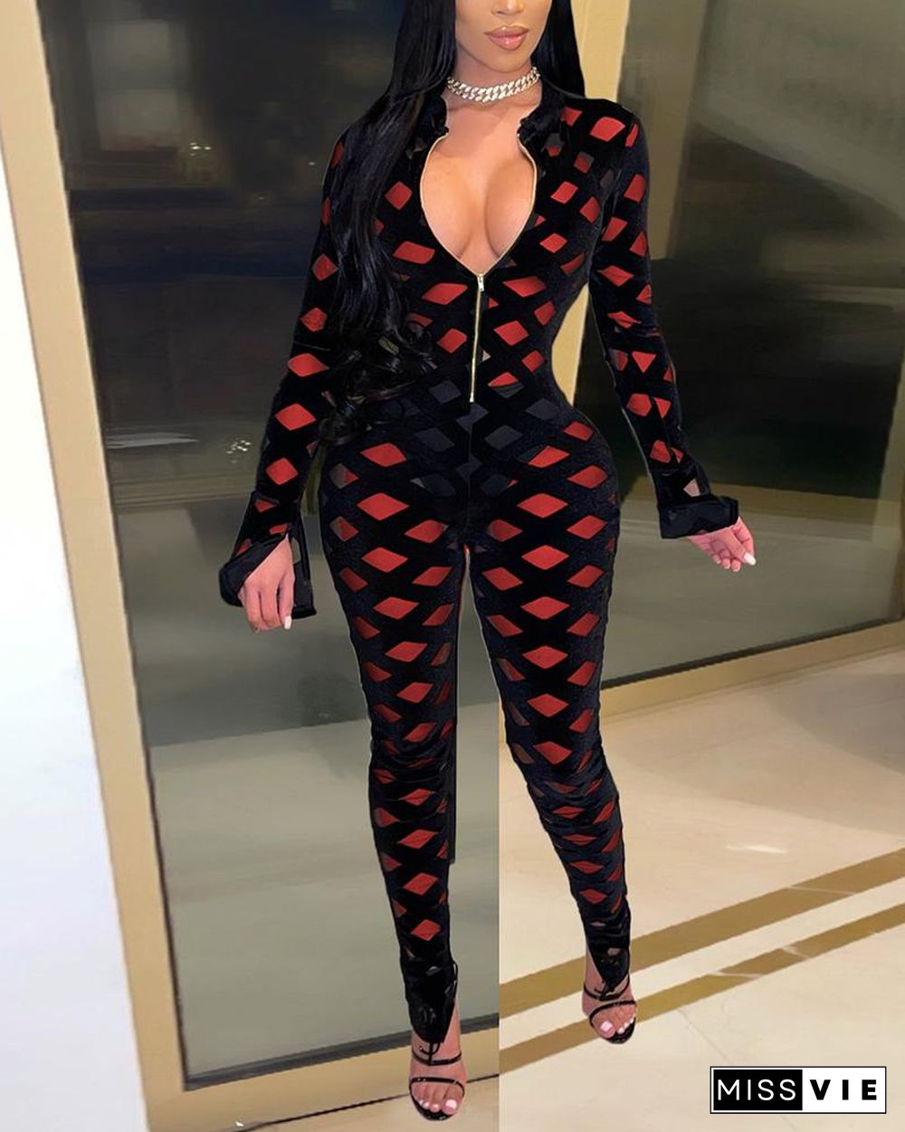 Argyle Print Flocked Mesh Split Sleeve Zipper Front Jumpsuit