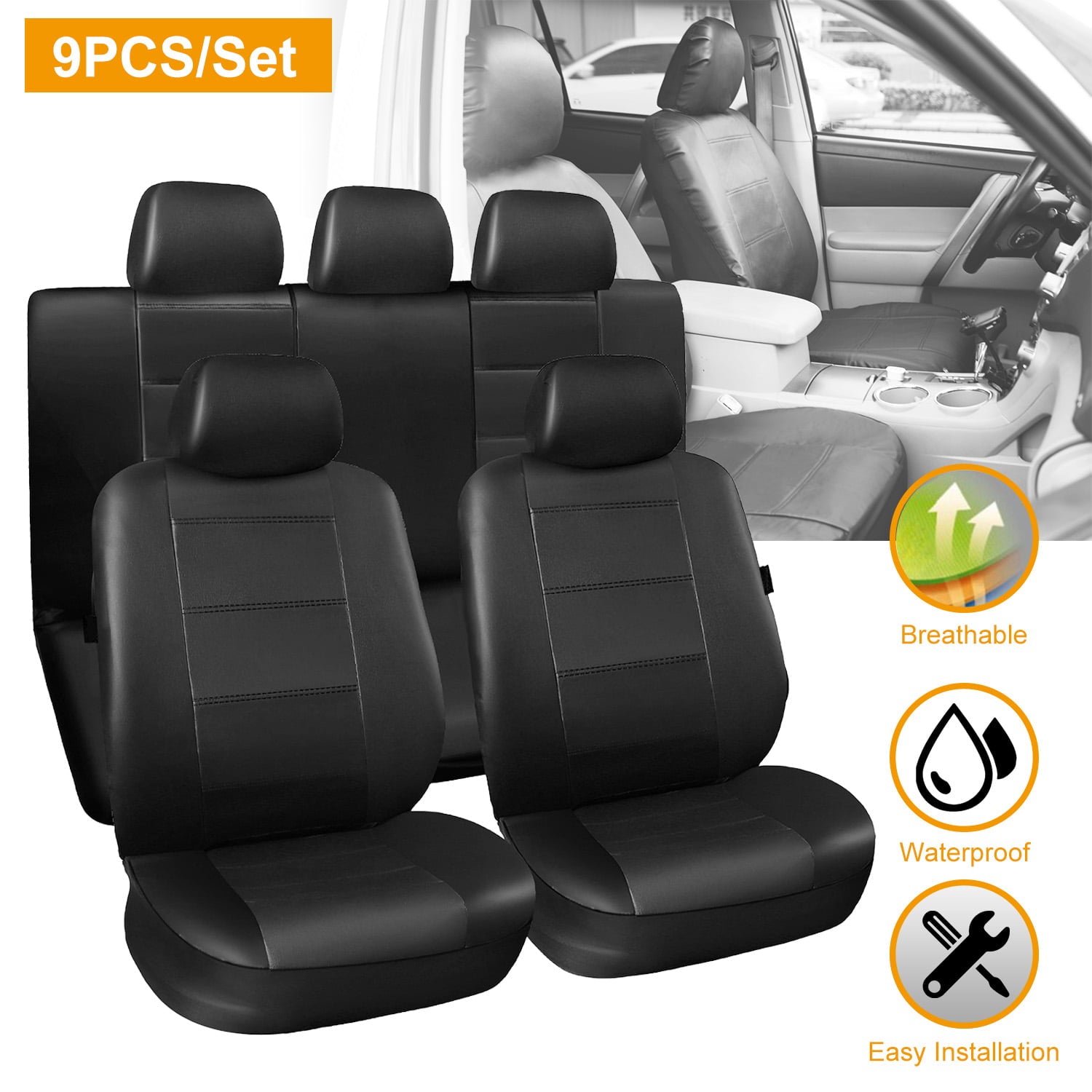 iMountek 9Pcs/set Complete PU Leather Car Seat Covers Protector Set Black For Car SUV Truck Universal