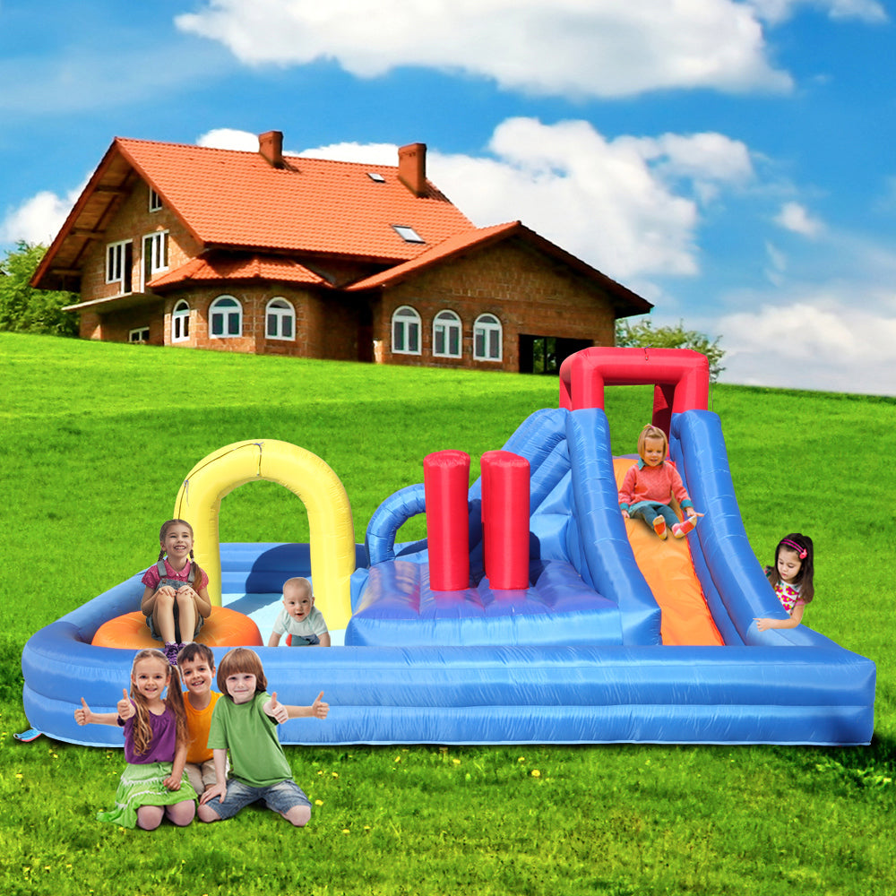 Summer Large Kids Inflatable Bounce House, Bouncy Castle, River Field, Climbing Wall, Water Cannon and Hose + 110V-120V 680W US Standard Bouncy Castle Blower