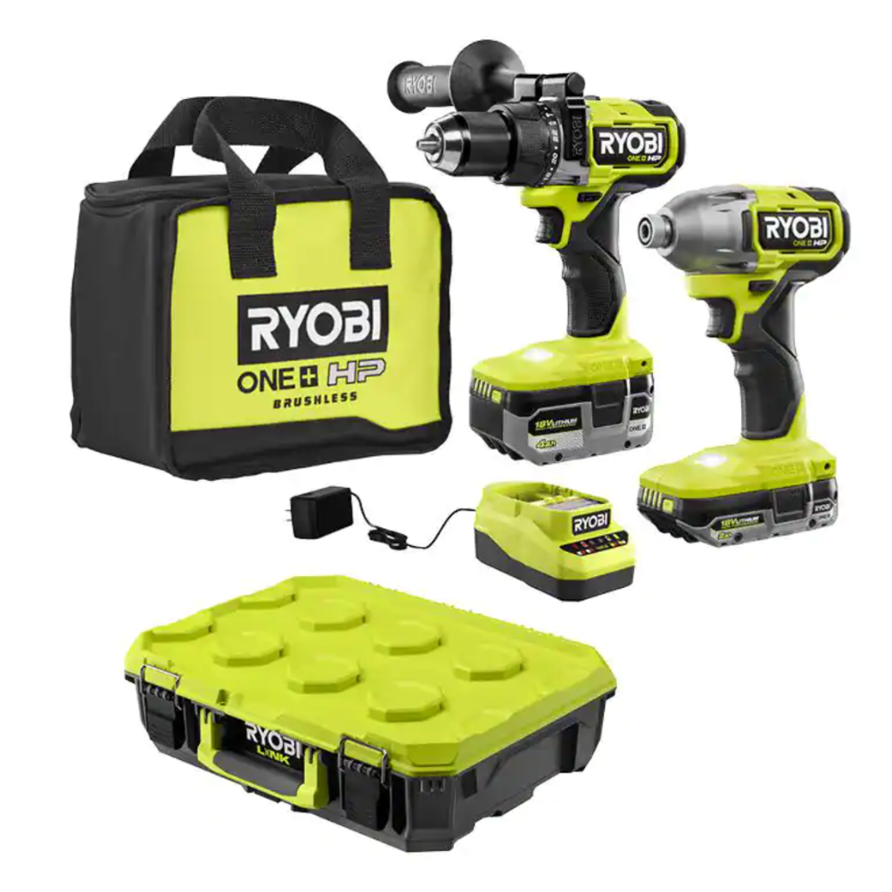 Ryobi ONE+ HP 18V Brushless Cordless Hammer Drill and Impact Driver Kit w/Batteries， Charger and Bag w/LINK Standard Tool Box (PBLCK02K-STM101)