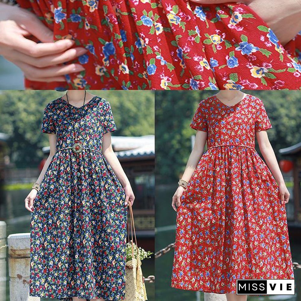 Art navy print linen clothes v neck pockets loose summer Dress