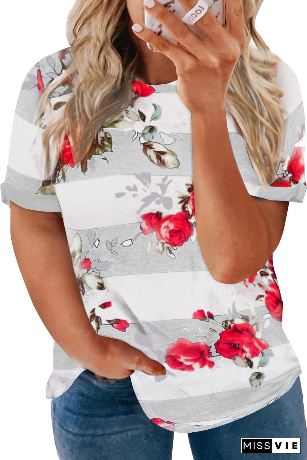 White Plus Size Striped Floral Short Sleeve Top