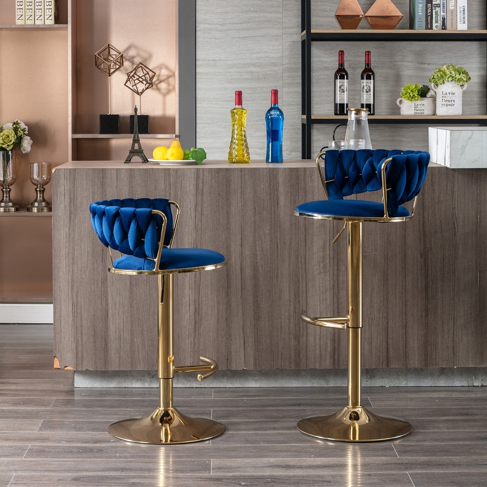 Modern Retro Height Adjustable Counter Chair Swivel Bar Stools Set of 2 with Velvet Woven Backrest Handrail and Footrest