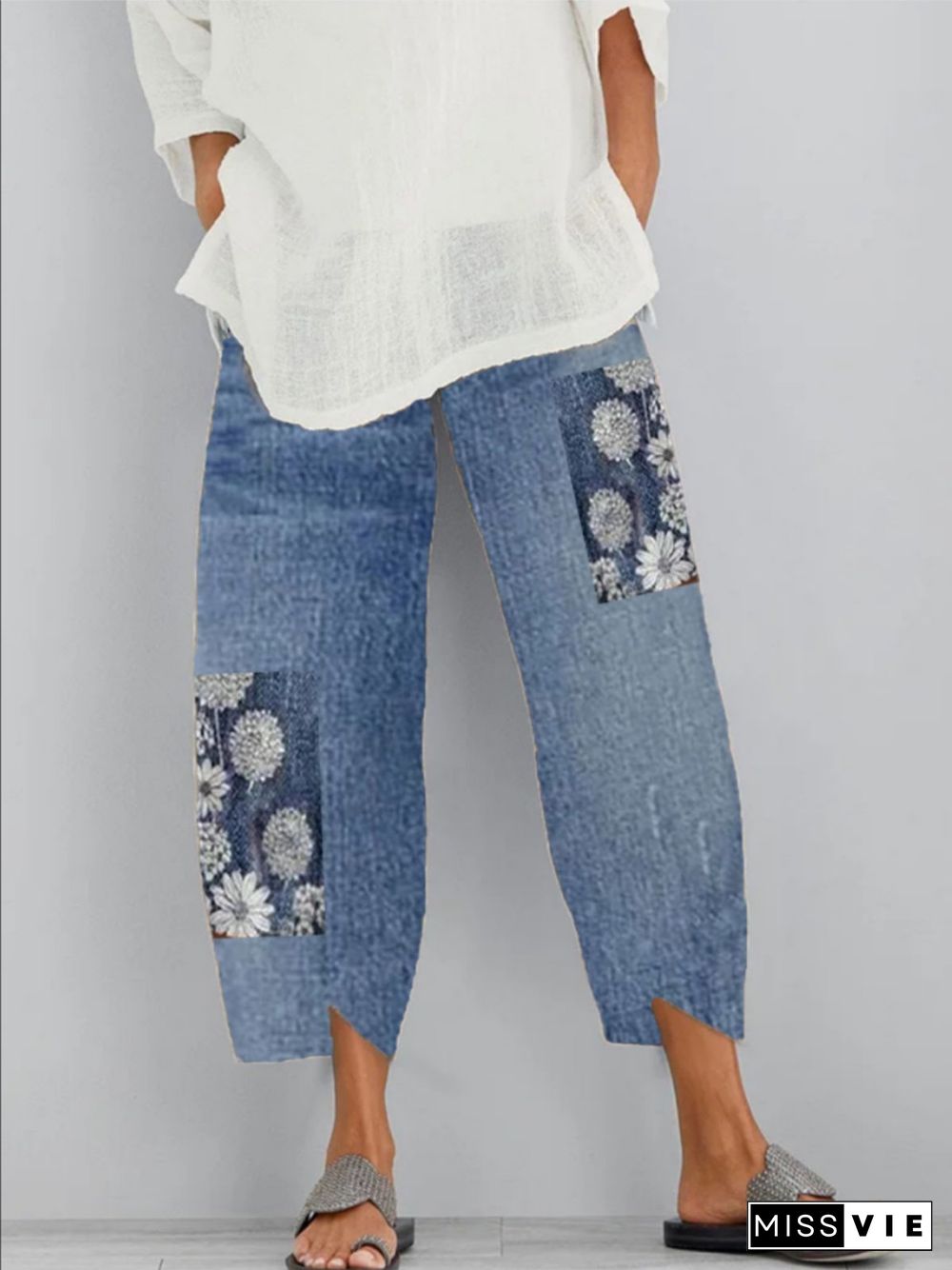 Vintage Polka Dots Floral Printed Pockets Plus Size Casual Denim Jeans