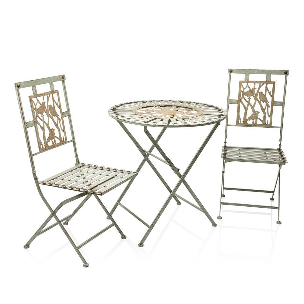 Alpine Corporation Indoor/Outdoor Bird Design 3-Piece Iron Bistro Set Folding Table and Chairs Patio Seating MOD102A