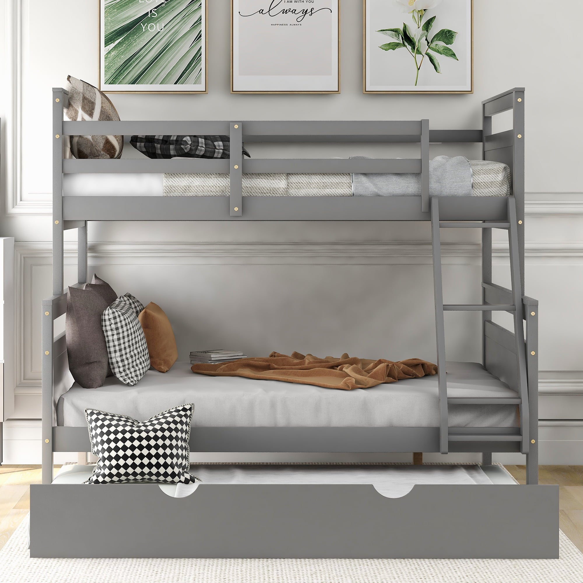 Euroco Wood Twin over Full Bunk Bed with Trundle for Kids & Adults Bedroom, Gray