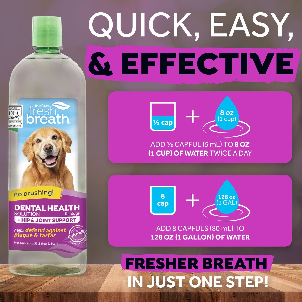 TropiClean Fresh Breath Dental Health Solution + Hip and Joint Support Dog Dental Water Additive