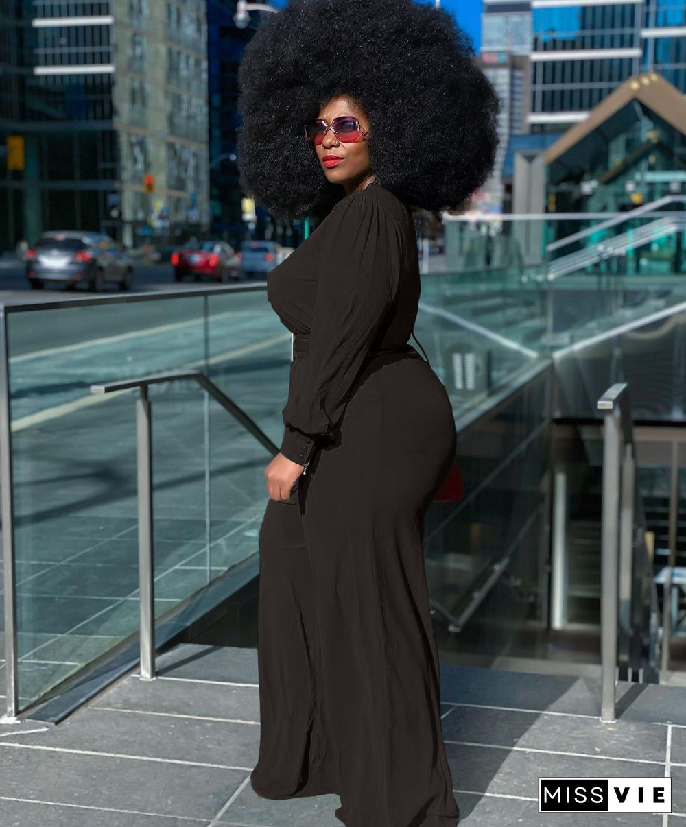 Long Sleeve V-neck Plus Size Wide Leg Jumpsuit