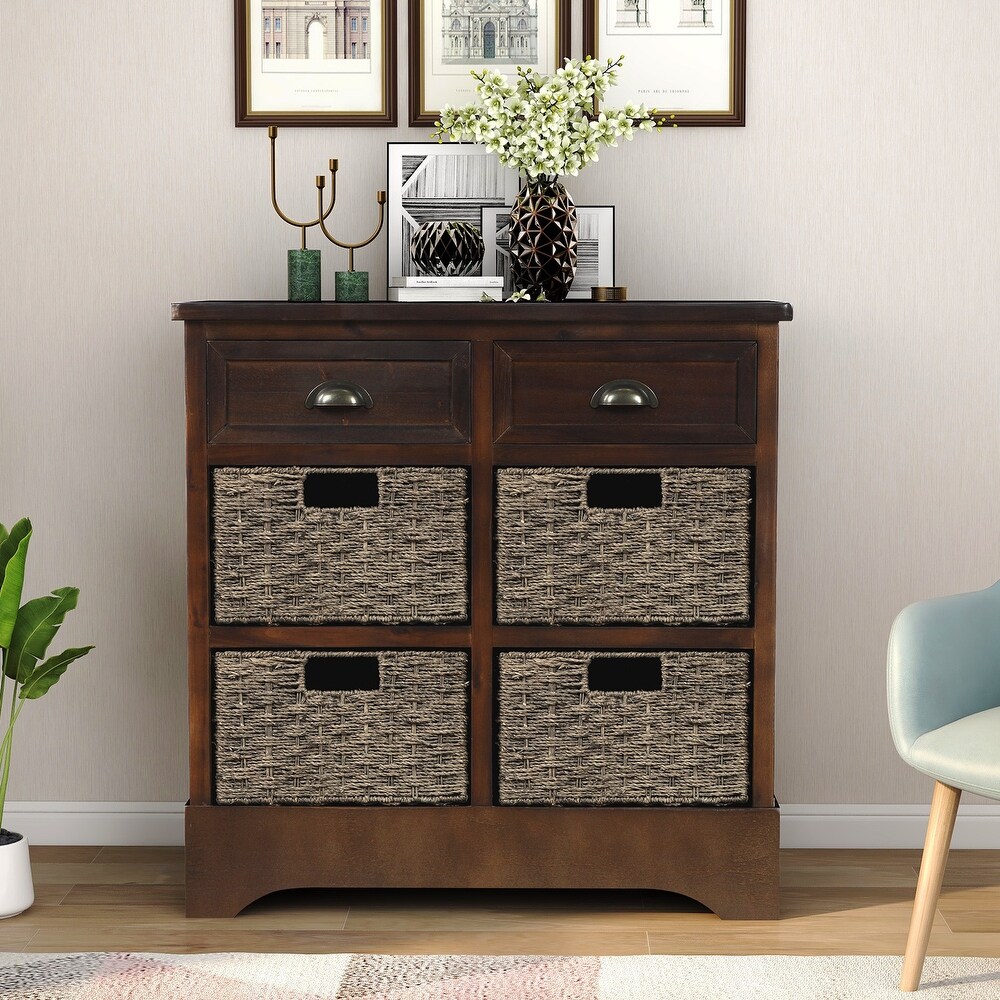 Storage Cabinet with Two Drawers and Four Classic Rattan Basket