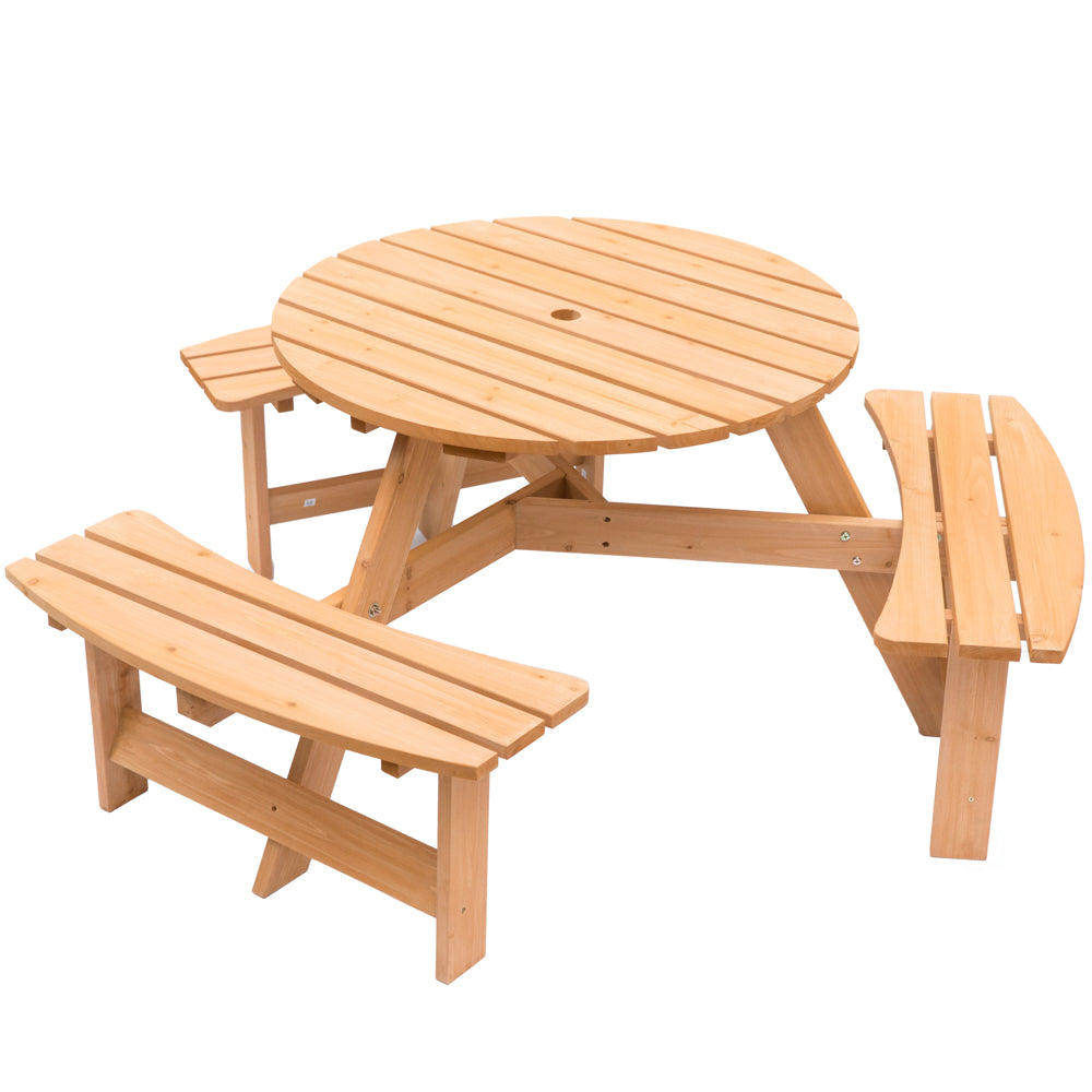 Wooden Outdoor Round Picnic Table with Bench for Patio, 6- Person with Umbrella Hole