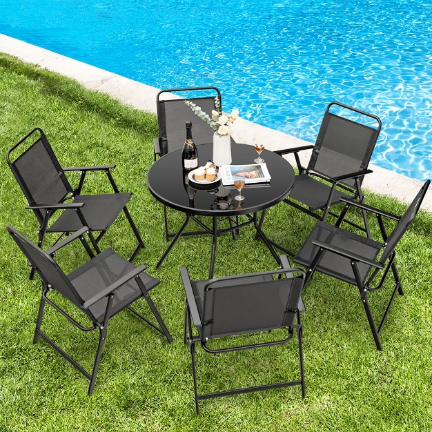 Costway 2pcs Patio Folding Chairs Heavy duty Metal Frame Armrests Portable Outdoor