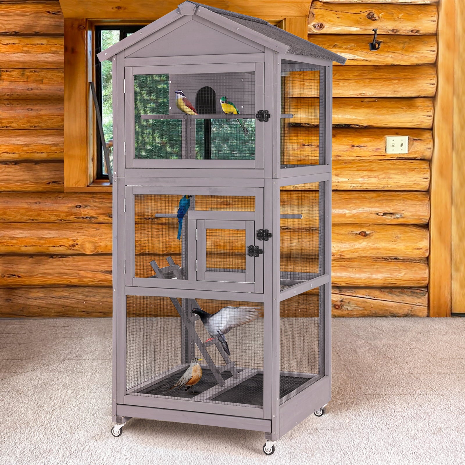 Morgete 71'' Large Wooden Birdcages with Stand， Movable Aviary Flight Cage for Parakeets， Cockatiel， Parrot， Finch， Canary