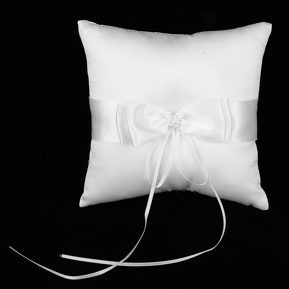 White Satin Bowknot Ring Bearer Pillow Holder Wedding Ring Pillow With Simulation Pearl 20*20cm