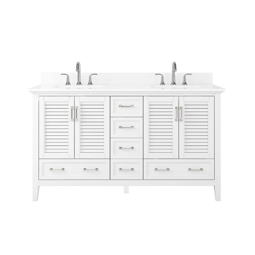 Home Decorators Collection Dennick 60 in. W x 22 in. D x 34.5 in. H Double Vanity in White with Engineered Carrara Marble Top and White Sinks TJ-0213V6022WH