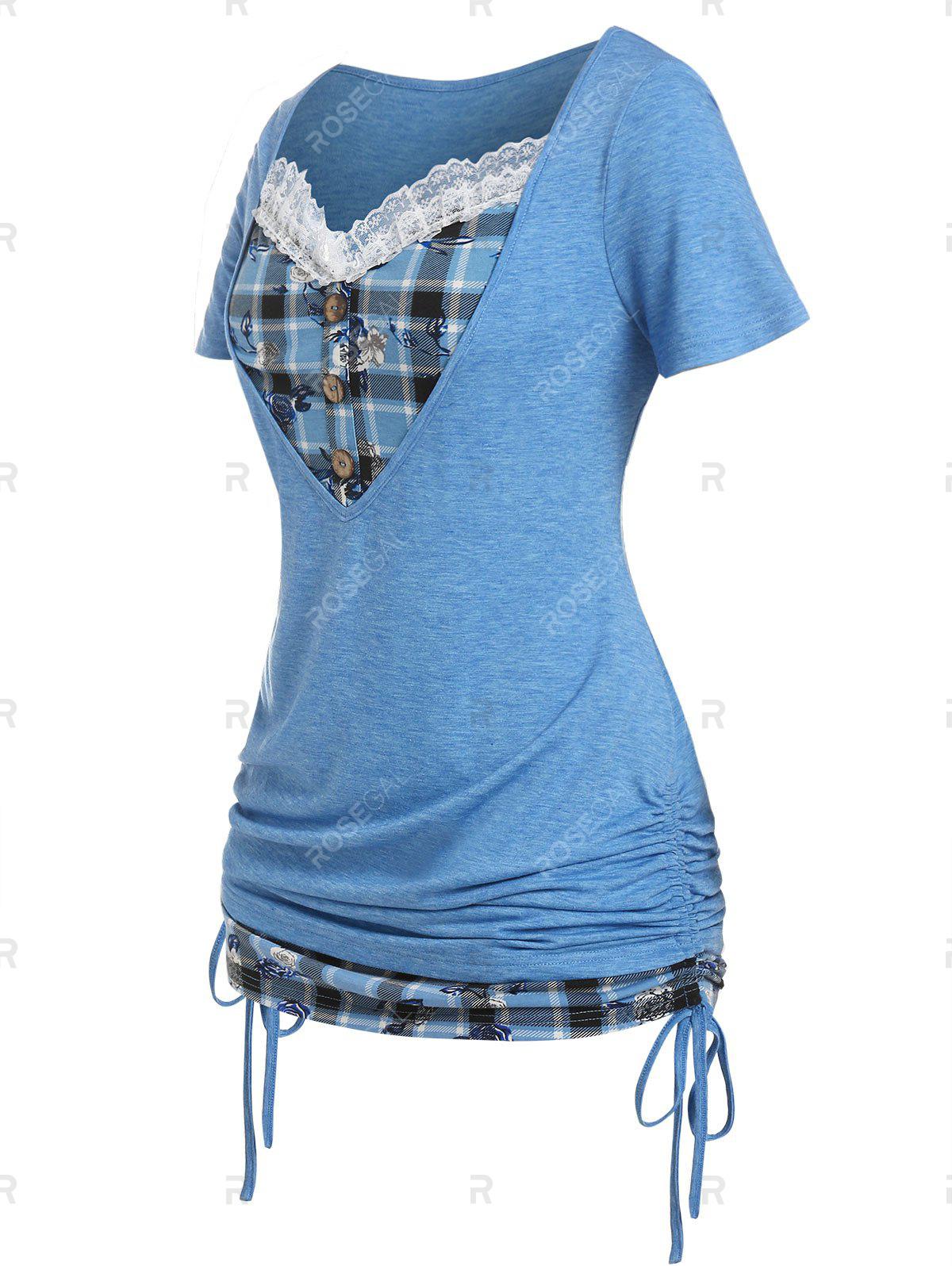 Plaid Cinched 2 in 1 Tee and 3D Printed Curve Leggings Plus Size Summer Outfit