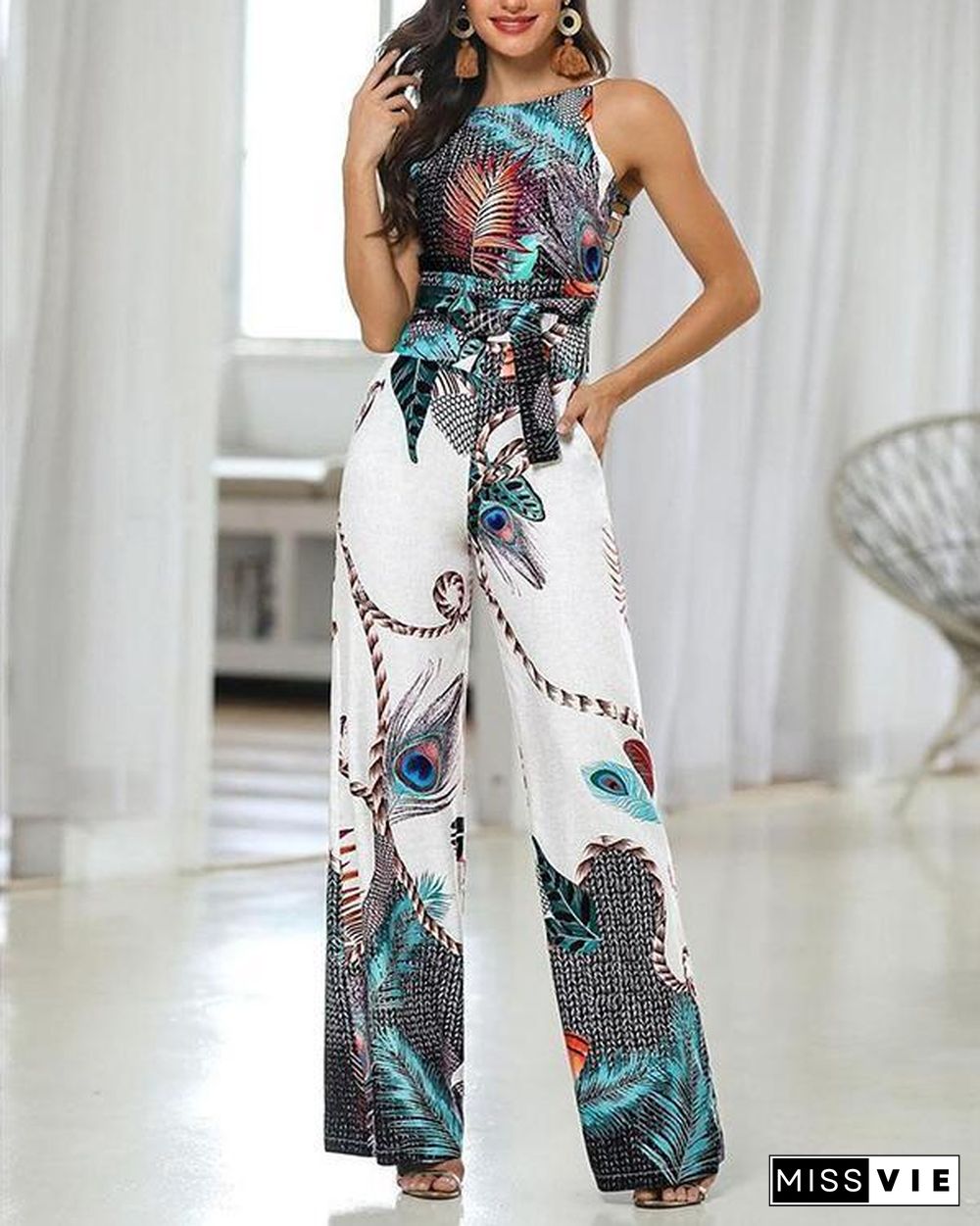 Sleeveless Round Neck Printed Jumpsuit