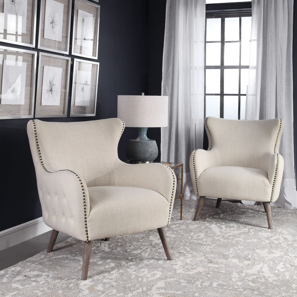 Sculpted Wide Cream Wing Back Lounge Chair Arm Button Tufted Contemporary Modern   Midcentury   Armchairs And Accent Chairs   by My Swanky Home  Houzz