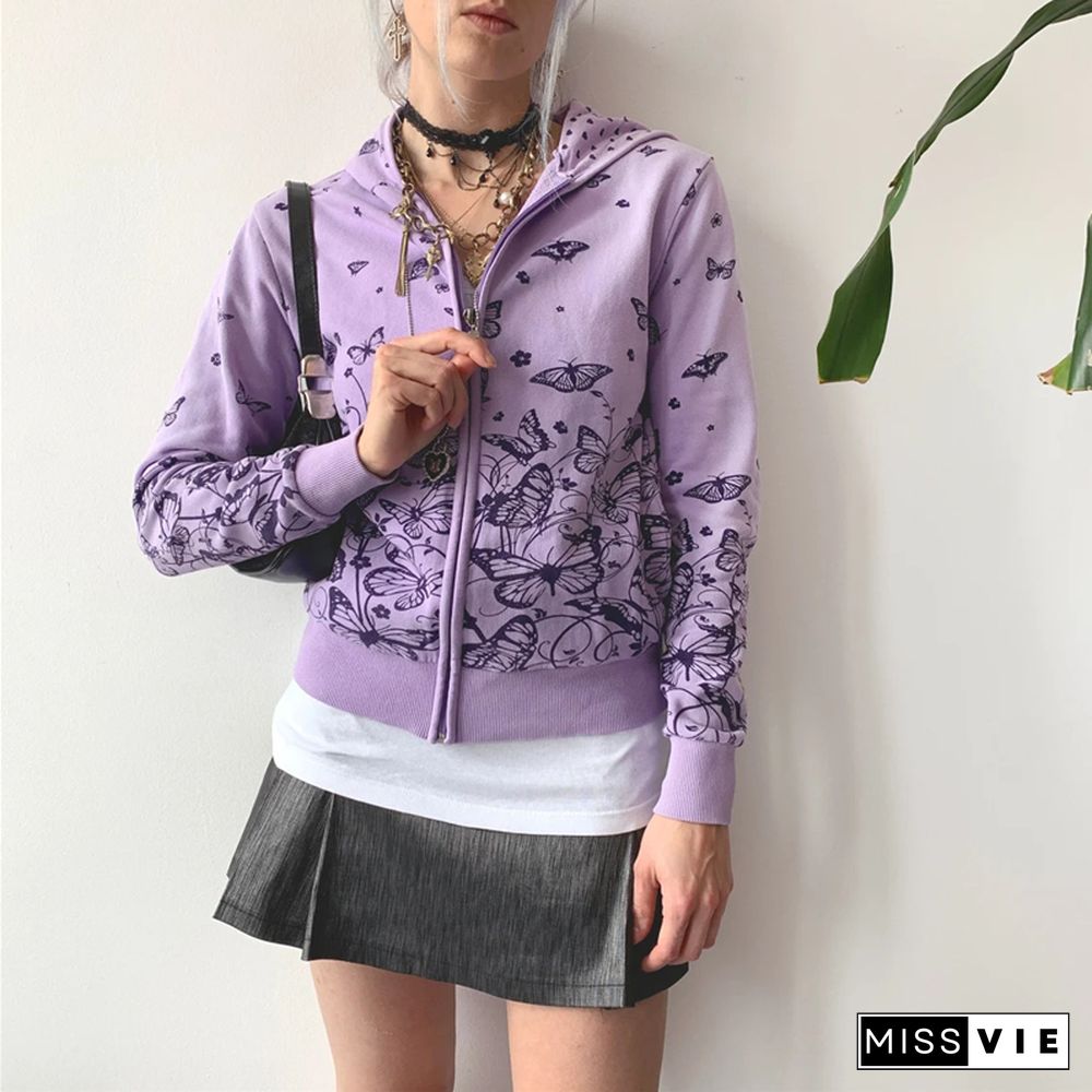 Butterfly Coat Aesthetic Fairycore Grunge Long Sleeve Crop Tops Y2k Women Hooded Jacket Kawaii Sweet Streetwear