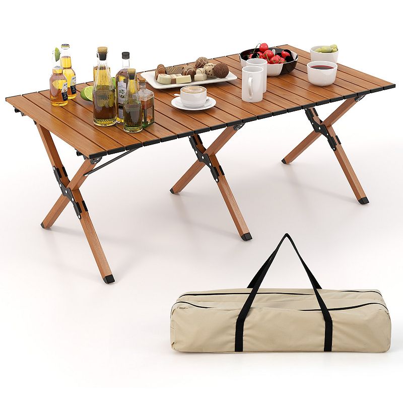 Folding Lightweight Aluminum Camping Table with Wood Grain