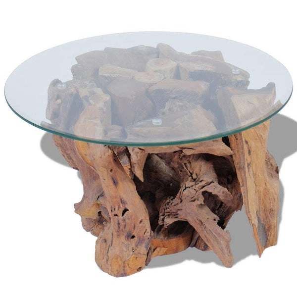 Solid Teak Driftwood Coffee Table with Strong Tempered Glass and Teak Base Living Room Side Tea Stand