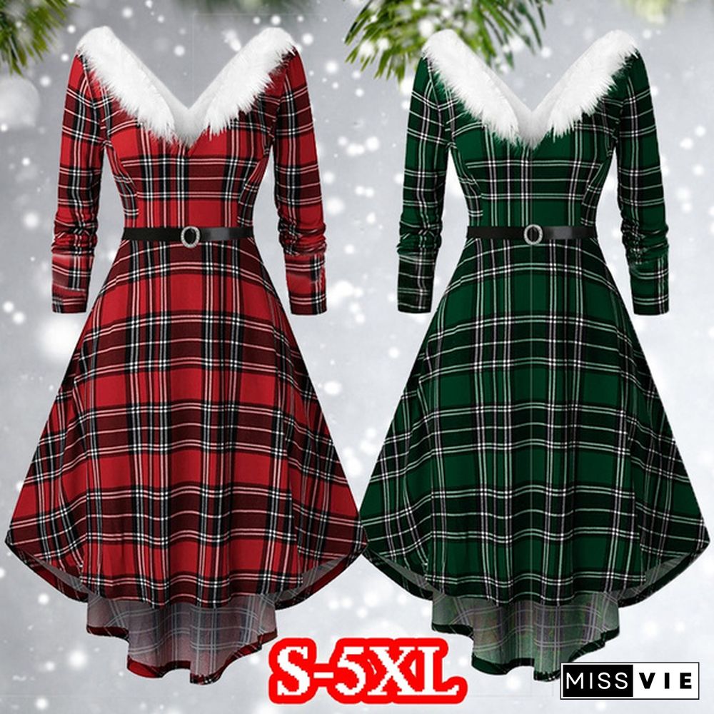 Women's Christmas White Furry V-Neck Irregular Hem Dress Long Sleeve Autumn Winter Plaid Xams Party Dress