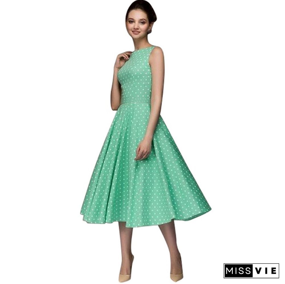 Vintage Polka Dot Swing Party Dresses Women Sleeveless O-neck Elegant Dress Casual Boho Midi Dress