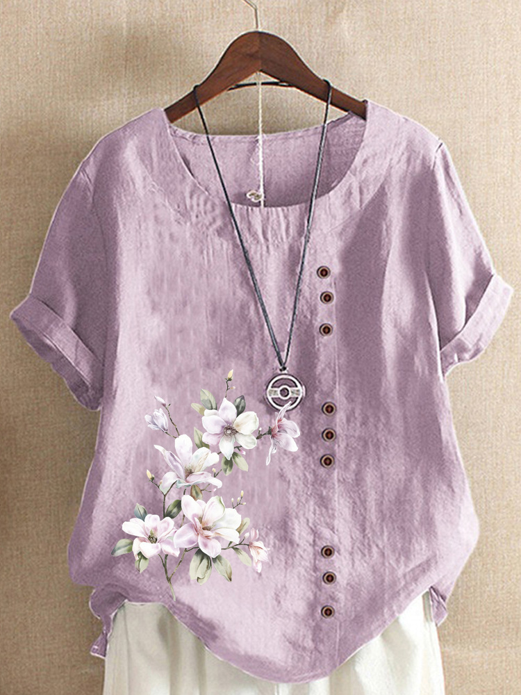 Round Neck Casual Loose Floral Print Short Sleeve Blouse