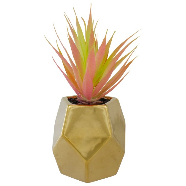 Green Artificial Sword Grass In A Gold Geometric Pot