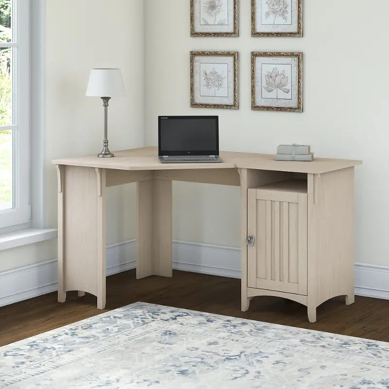 Salinas Antique White Corner Pedestal Desk - Bush Furniture