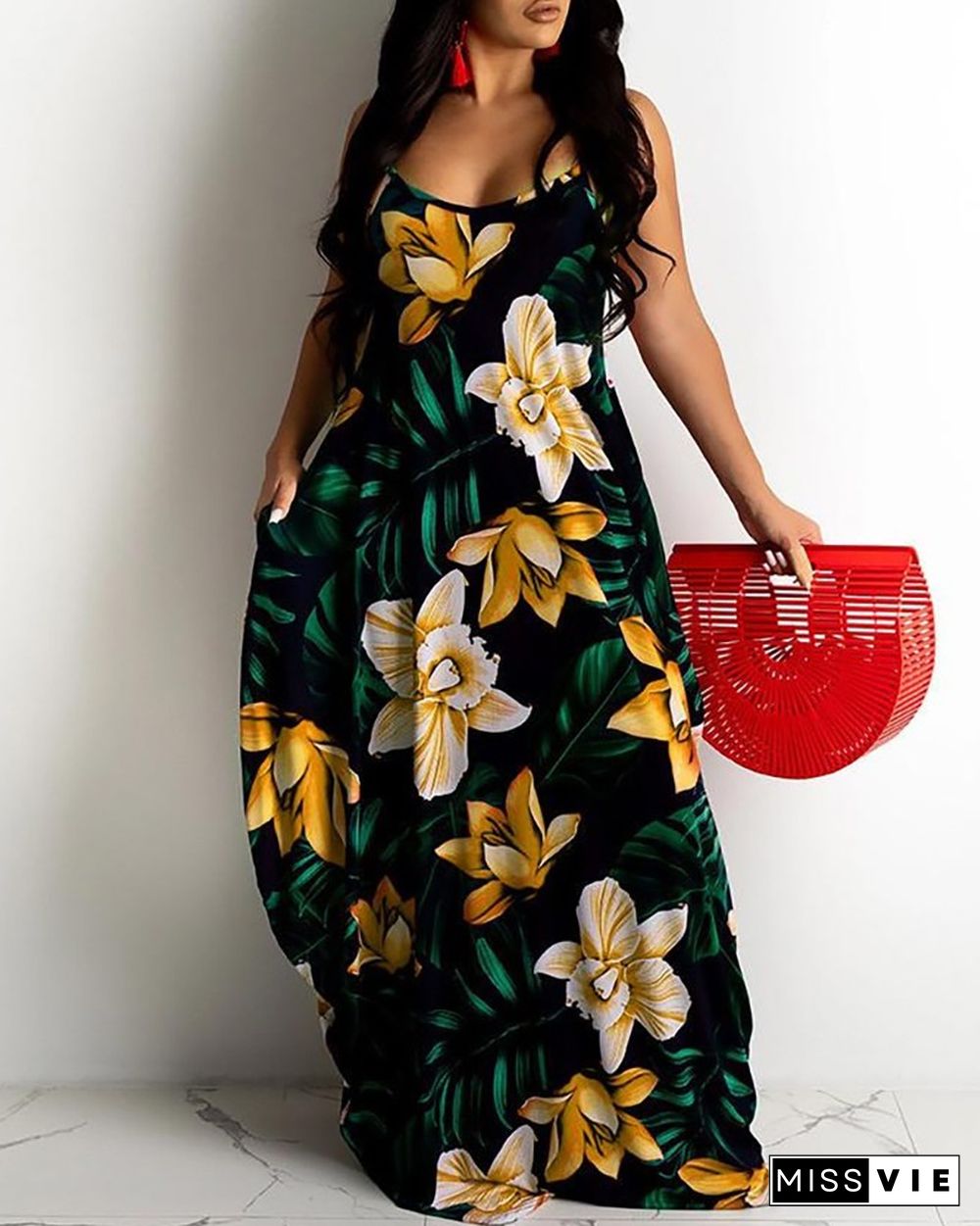 Floral Leaf Print Spaghetti Strap Maxi Dress