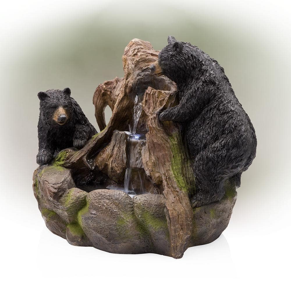 Alpine Corporation 24 in. Tall Outdoor 2 Bears Climbing on Rainforest Water Fountain with LED Lights GXT252