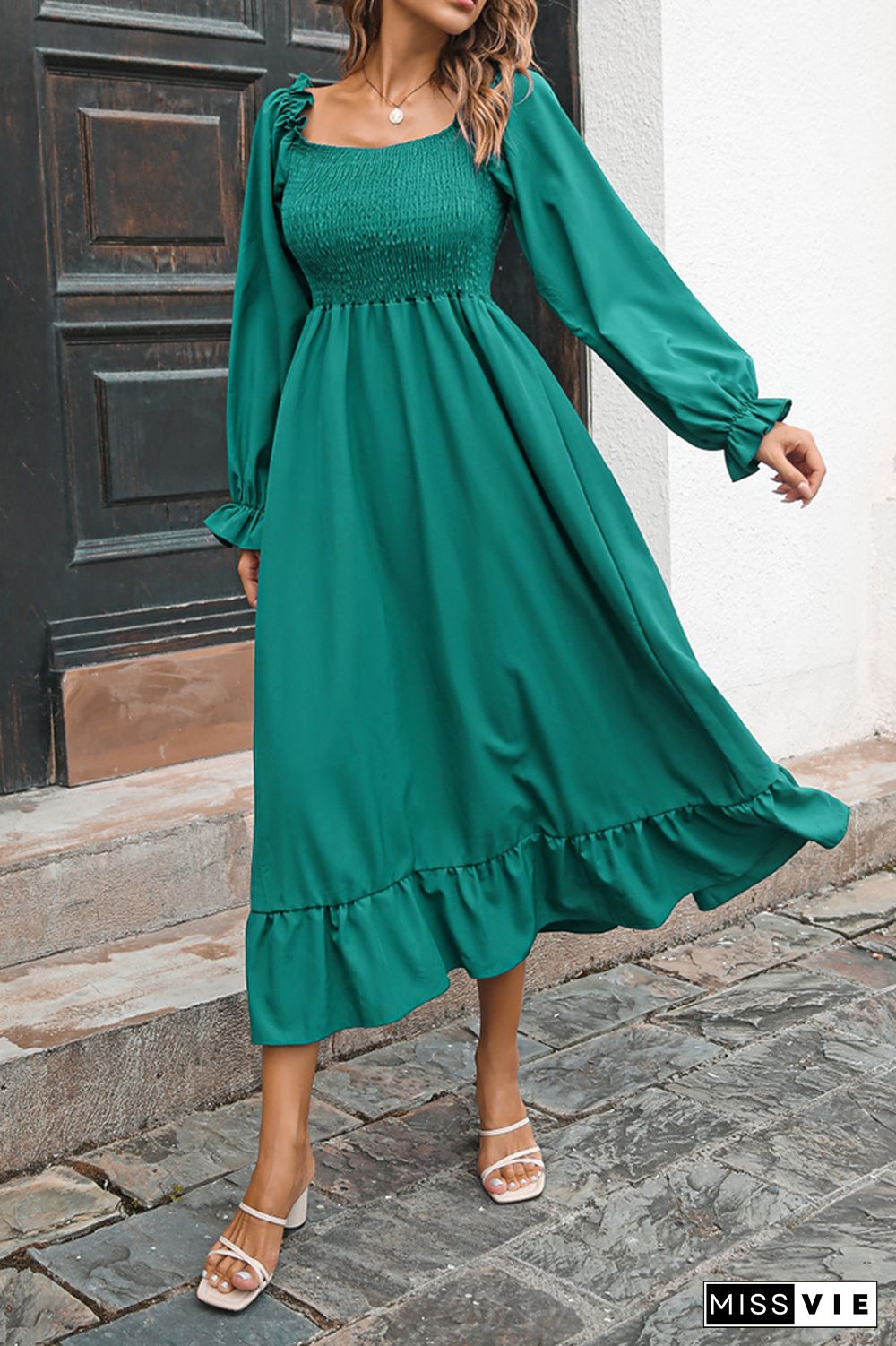 Smocked Square Neck Ruffles Maxi Dress