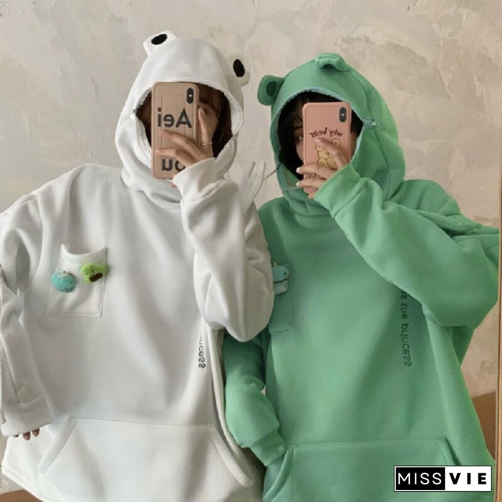 Frog Hoodie Women Cute Funny Embroidery Letter Plus Velvet Thickened Kawaii Harajuku Streetwear Christmas Hoodie