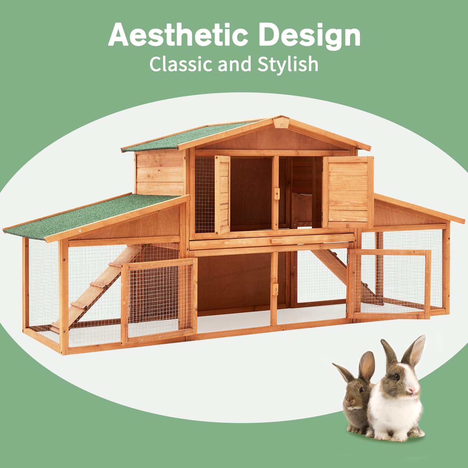 Yoleny Rabbit Hutch Wooden Two Story Bunny Cage Indoor Rabbit Cage Outdoor， Guinea Pig House Hamster Hideout， Galvanized Mesh Wires， Weatherproof Asphalt Roof