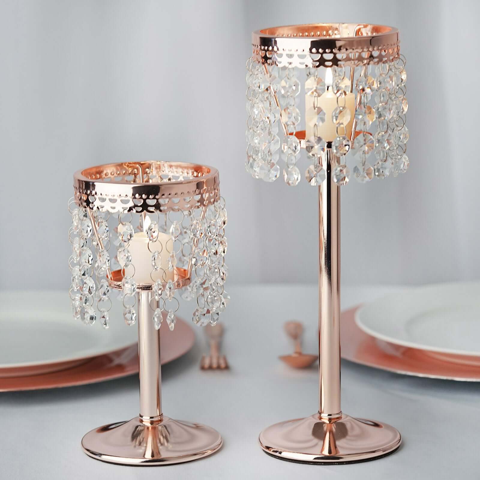 Rose Gold Crystal Beaded Chandelier Votive Pillar Candle Holder, Metal Tealight Candle Stand 12