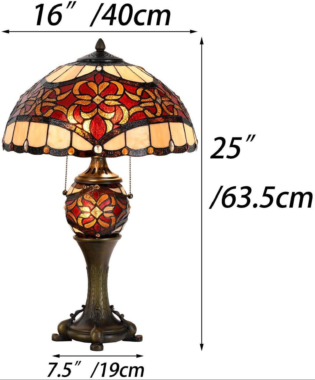 L10802 Baroque  Style Stained Glass Table Lamp Lighted Base 25 Inches Tall, Red