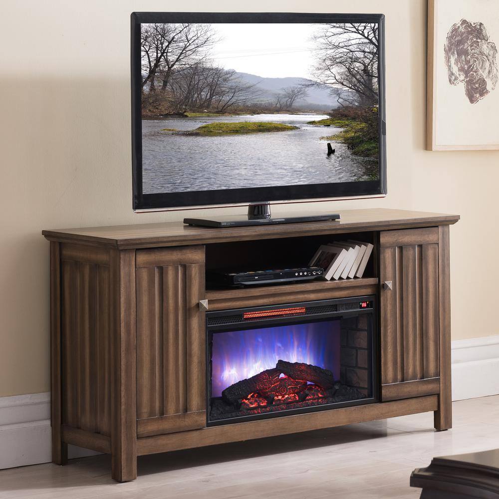 OS Home and Office Furniture Cozy 55 in Driftwood TV Console with Infrared Electric Fireplace Insert with Doors fits TV's Up to 55 in Remote Control 5542