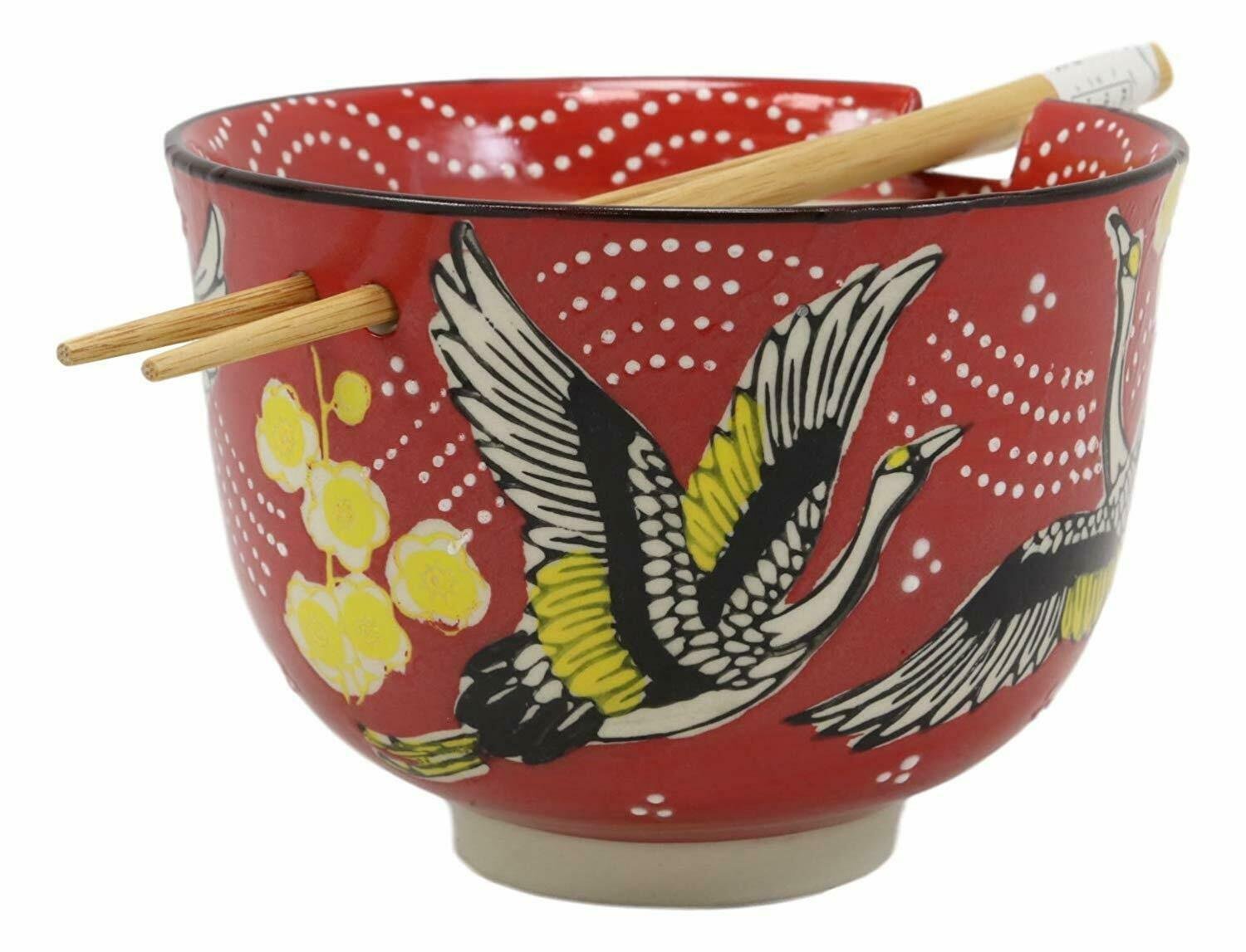 1 Red Sky Flying Crane Bird Ramen Noodles 5D Soup Rice Bowl With Chopsticks Set EBR02