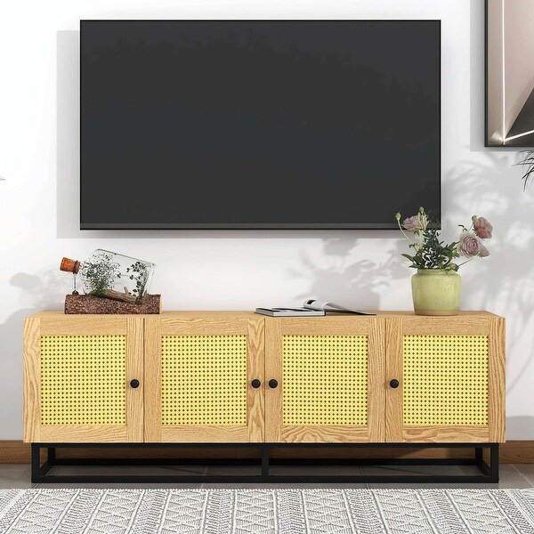 TV Stand Entertainment Cabinet with 4 Textured Rattan Doors and 2 Adjustable Panels