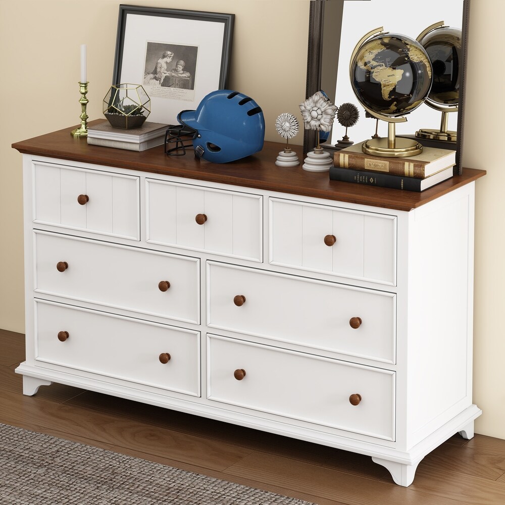 61inch Wooden 7 Drawer Dresser for Bedroom Living Room White+Walnut